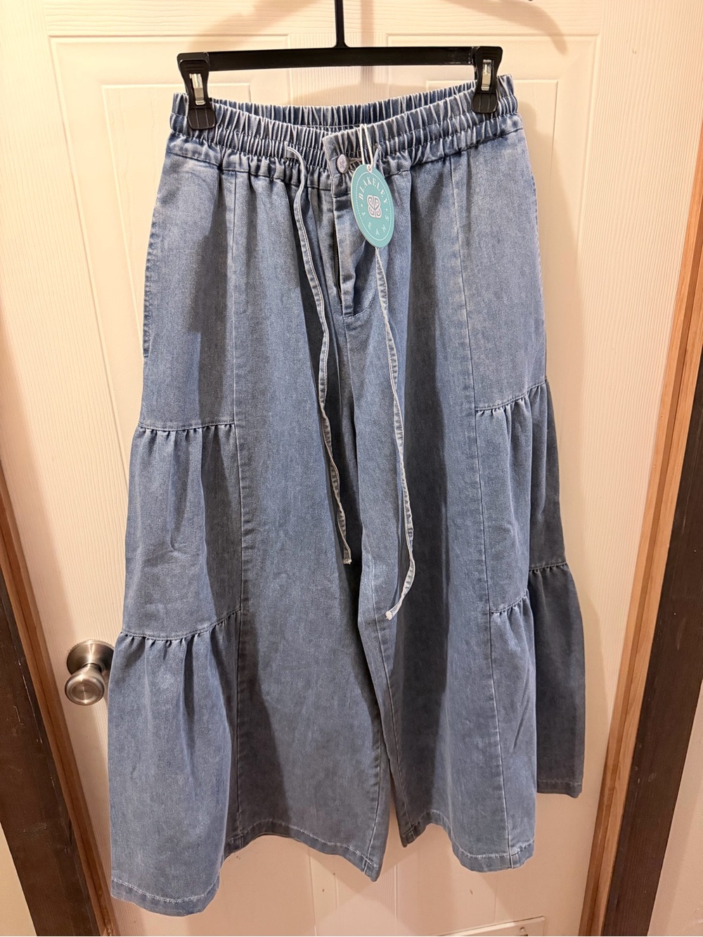Blakely Denim Wide-Leg Tiered Pants with Drawstring Waist